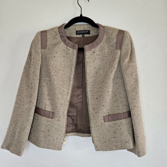 Jones New York Blazer Jacket Womens Size 2P Tan Tweed Gold Wool Blend Zip Front - Picture 1 of 7